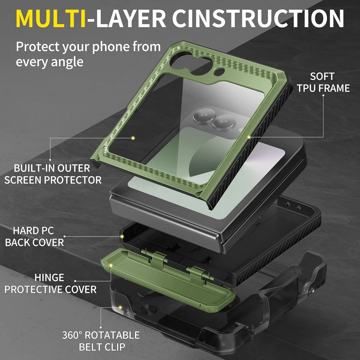 قاب محافظ گوشی TONGATE برای Z Flip 6 با پایه و گیره کمربند، [محافظت از لولا] [محافظ صفحه نمایش داخلی] قاب گوشی ضد ضربه با درجه نظامی برای Samsung Galaxy Z Flip 6 5G 2024، سبز