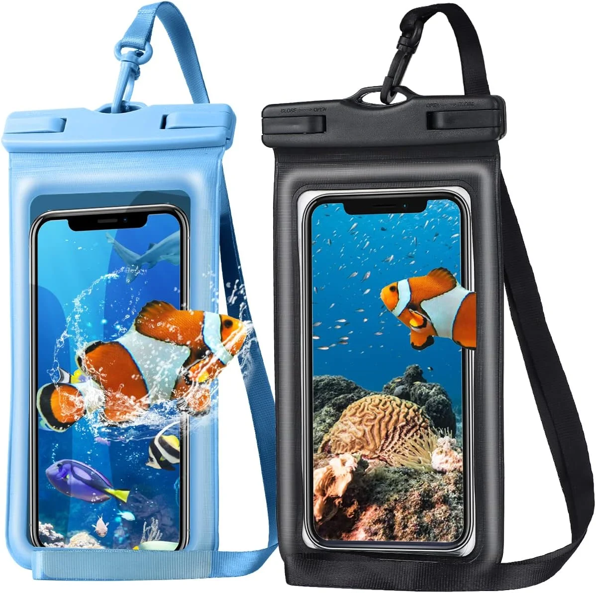 [بسته 2 عددی] کیف ضد آب گوشی، کاور ضد آب گوشی موبایل دارای گواهی IPX8 به همراه بند گردنی سازگار با آیفون/سامسونگ آبی و مشکی