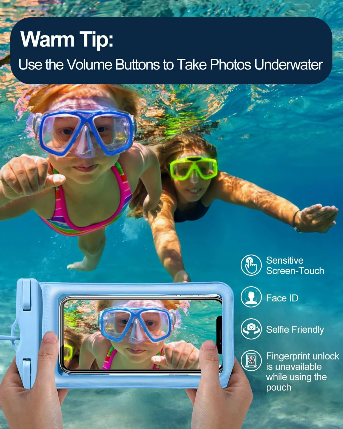 [بسته 2 عددی] کیف ضد آب گوشی، کاور ضد آب گوشی موبایل دارای گواهی IPX8 به همراه بند گردنی سازگار با آیفون/سامسونگ آبی و مشکی