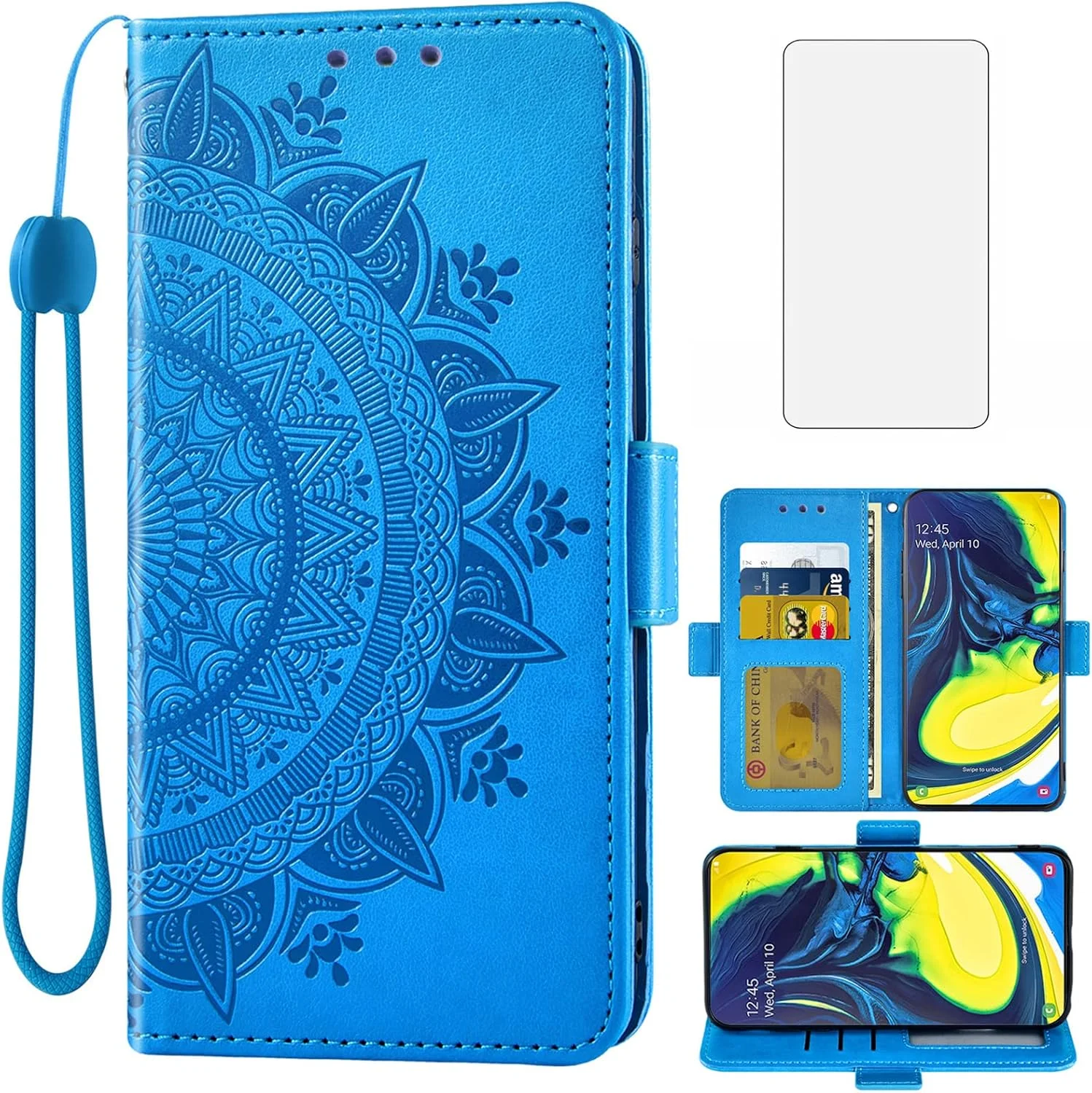 کیف پول چرمی سازگار با گوشی سامسونگ گلکسی آ ۸۰ و آ ۹۰ (نسخه 4G) به همراه محافظ صفحه نمایش شیشه ای، دارای جای کارت اعتباری، بند مچی و استند، مناسب برای خانم ها و آقایان - آبی