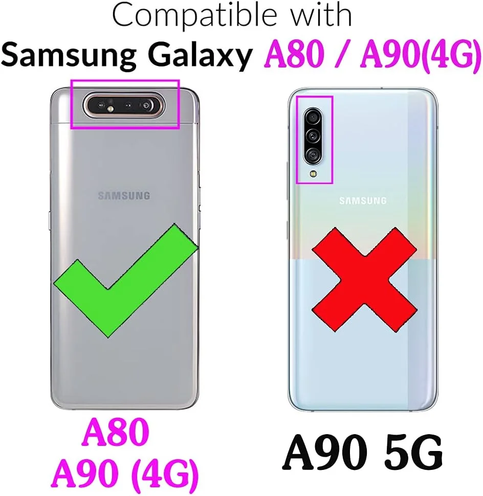 کیف پول چرمی سازگار با گوشی سامسونگ گلکسی آ ۸۰ و آ ۹۰ (نسخه 4G) به همراه محافظ صفحه نمایش شیشه ای، دارای جای کارت اعتباری، بند مچی و استند، مناسب برای خانم ها و آقایان - آبی