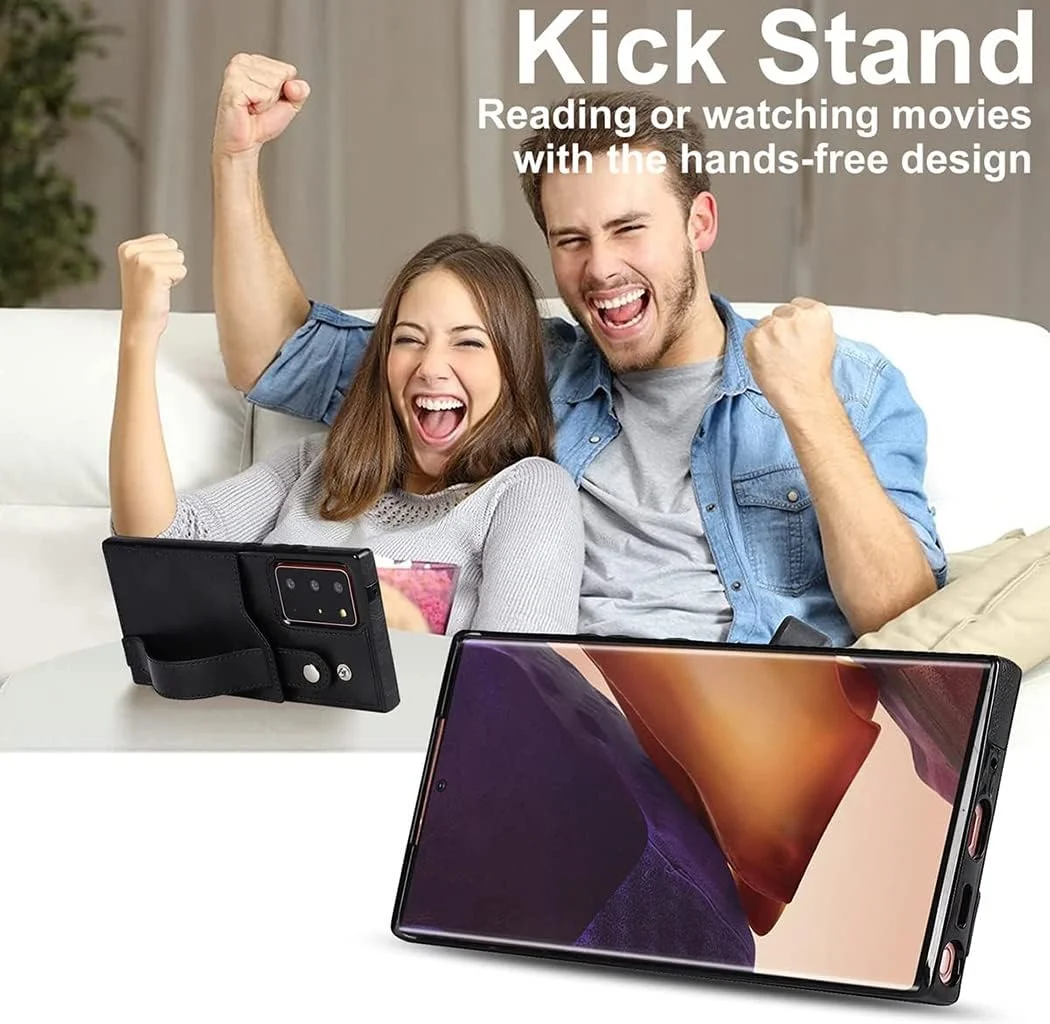 کیف پول محافظ گوشی سامسونگ نوت 20 اولترا، Excefore با بند مچی قابل تنظیم، پایه نگهدارنده، چرم مصنوعی PU، جای کارت اعتباری، پوشش محافظ هایبرید برای سامسونگ گلکسی نوت 20 اولترا 5G 6.9 اینچ - مشکی