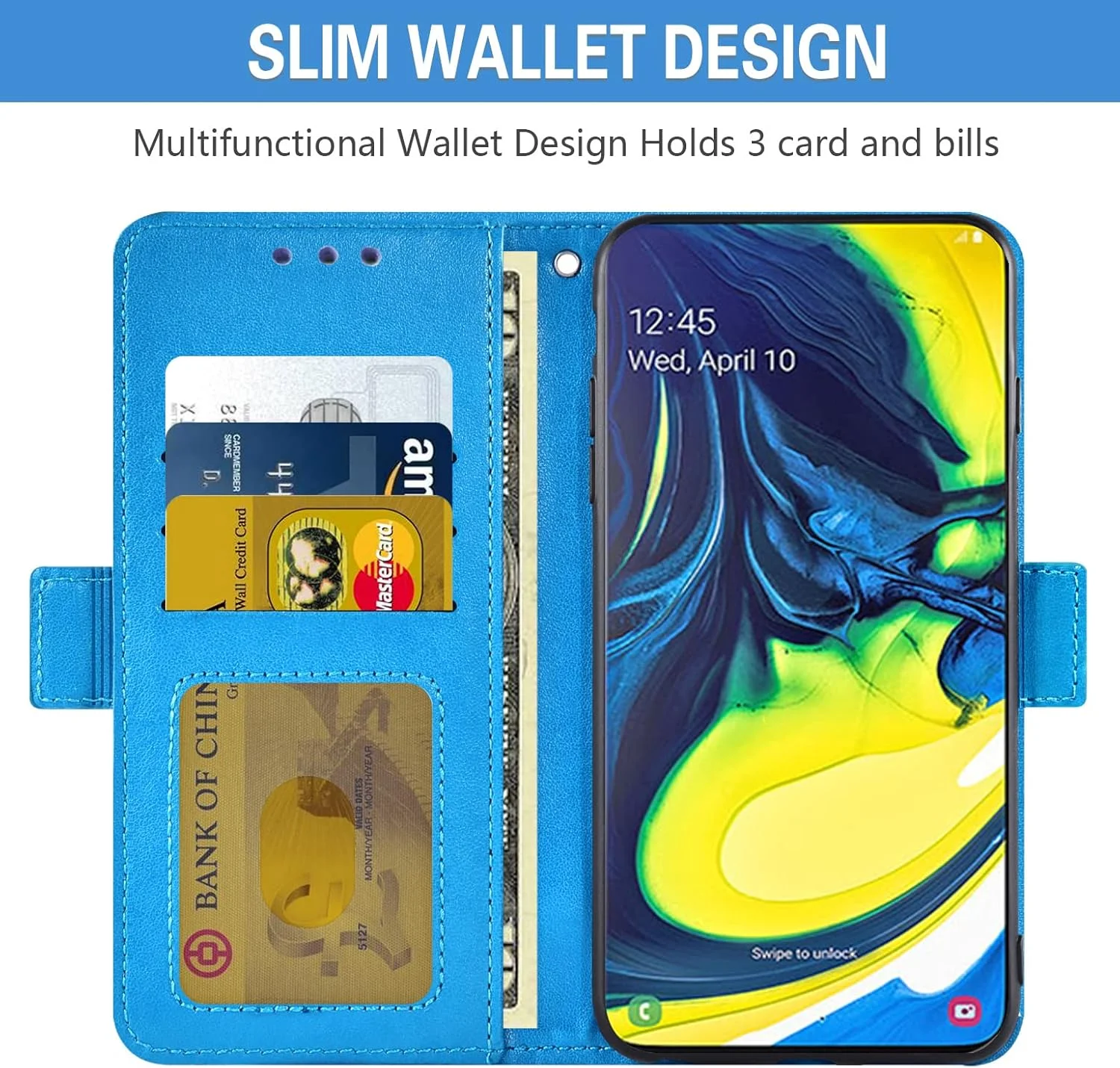 کیف پول چرمی سازگار با گوشی سامسونگ گلکسی آ ۸۰ و آ ۹۰ (نسخه 4G) به همراه محافظ صفحه نمایش شیشه ای، دارای جای کارت اعتباری، بند مچی و استند، مناسب برای خانم ها و آقایان - آبی
