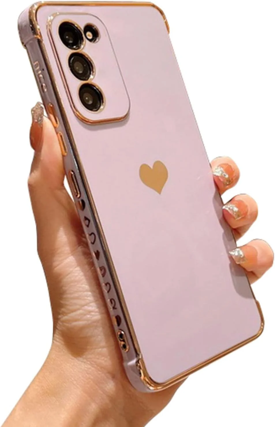 قاب گوشی سامسونگ گلکسی اس 20 اف ای 5G فیلا، روکش طلایی لوکس طرح قلب کوچک زیبا در کنار، محافظ دوربین، پوشش ضربه گیر سیلیکونی نرم (بنفش)