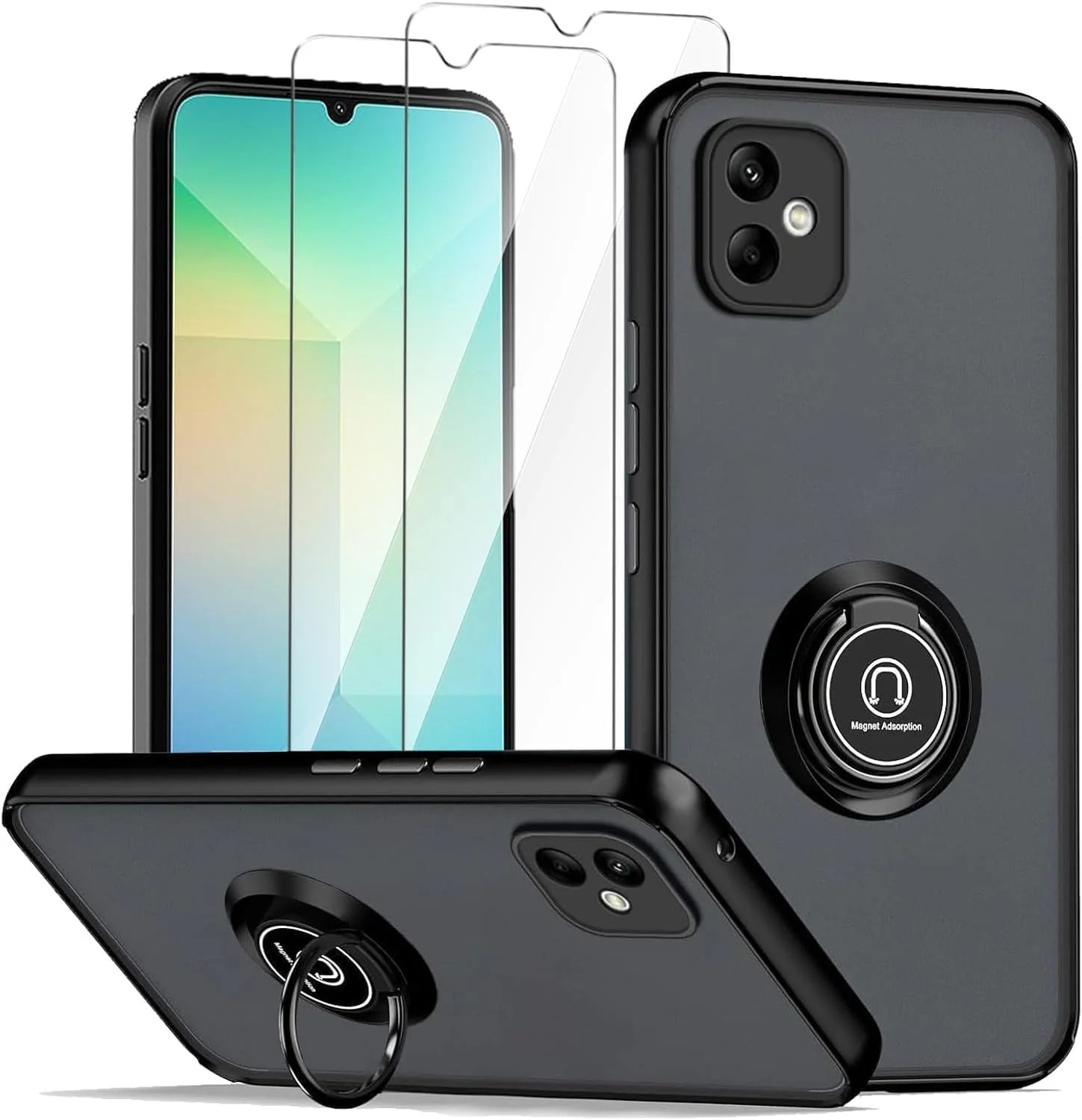 قاب گوشی LYZXMY برای سامسونگ گلکسی A07 4G مشکی با پایه انگشتی + 2 عدد محافظ صفحه نمایش شیشه ای TempeBlack، قاب محافظ گوشی ضد ضربه و ضد خش PC + TPU