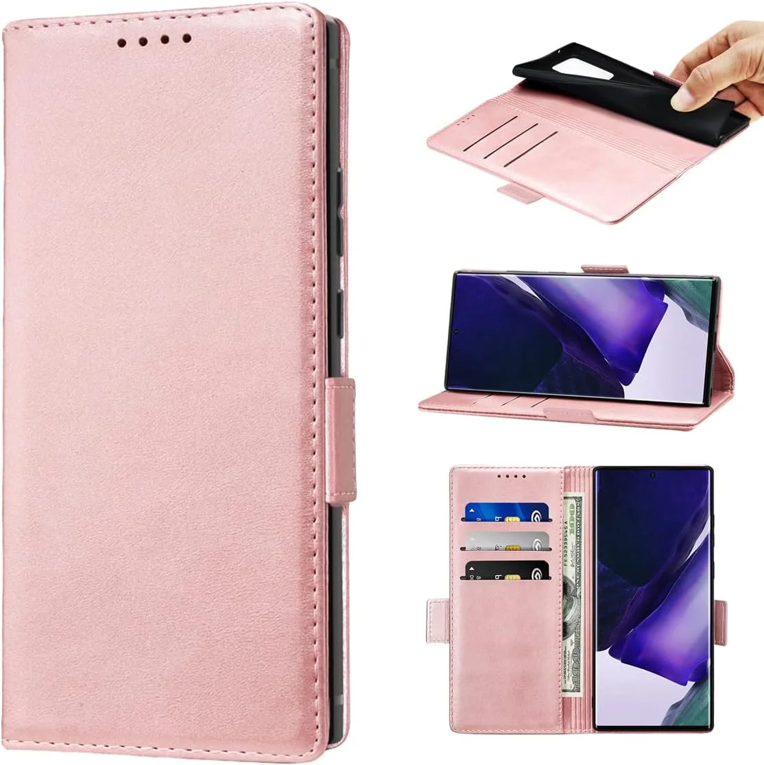 کیف پول چرمی گوشی سامسونگ گلکسی نوت 20 اولترا، دارای قفل مغناطیسی و جای کارت، ضد ضربه - رزگلد