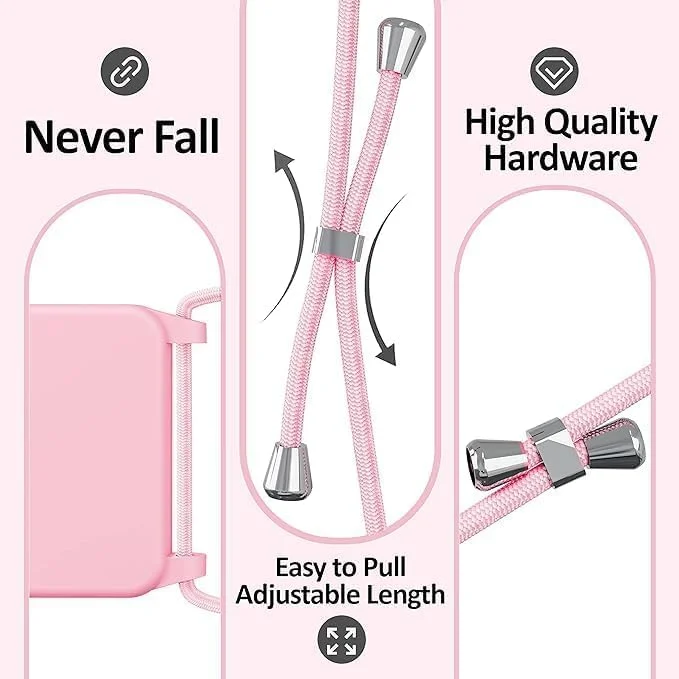 کاور بند دار کراس بادی جولاک مناسب آیفون و سامسونگ، بند گردنی برای آیفون اپل یا سامسونگ، بند گردنی، قاب سیلیکونی نرم، بند مچی قابل تنظیم (صورتی، آیفون 15 پرو مکس)