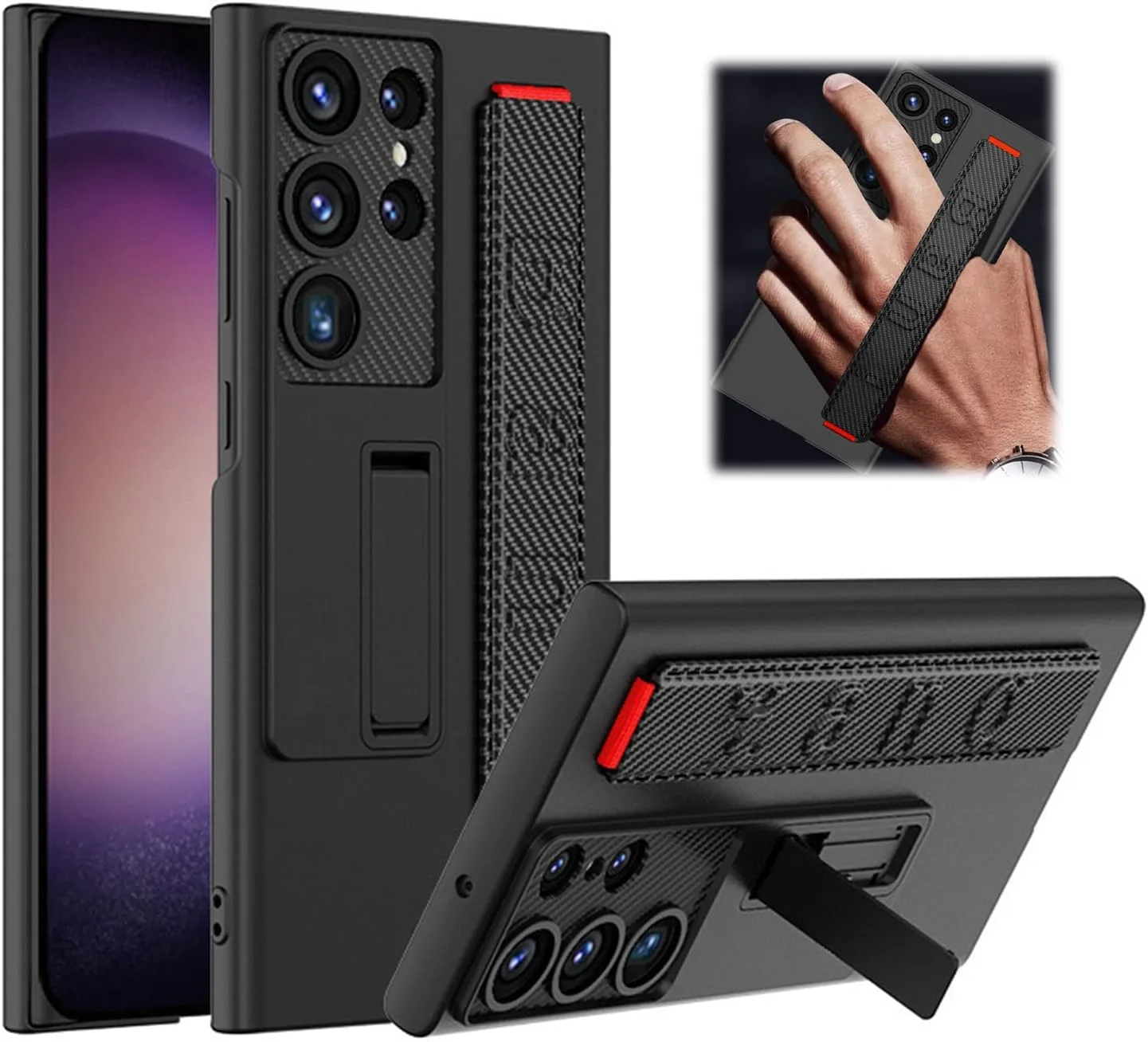 قاب گوشی مگنتی با پایه و بند مچی لوکس برای سامسونگ گلکسی S23/S22 Ultra (مشکی-2, S22)