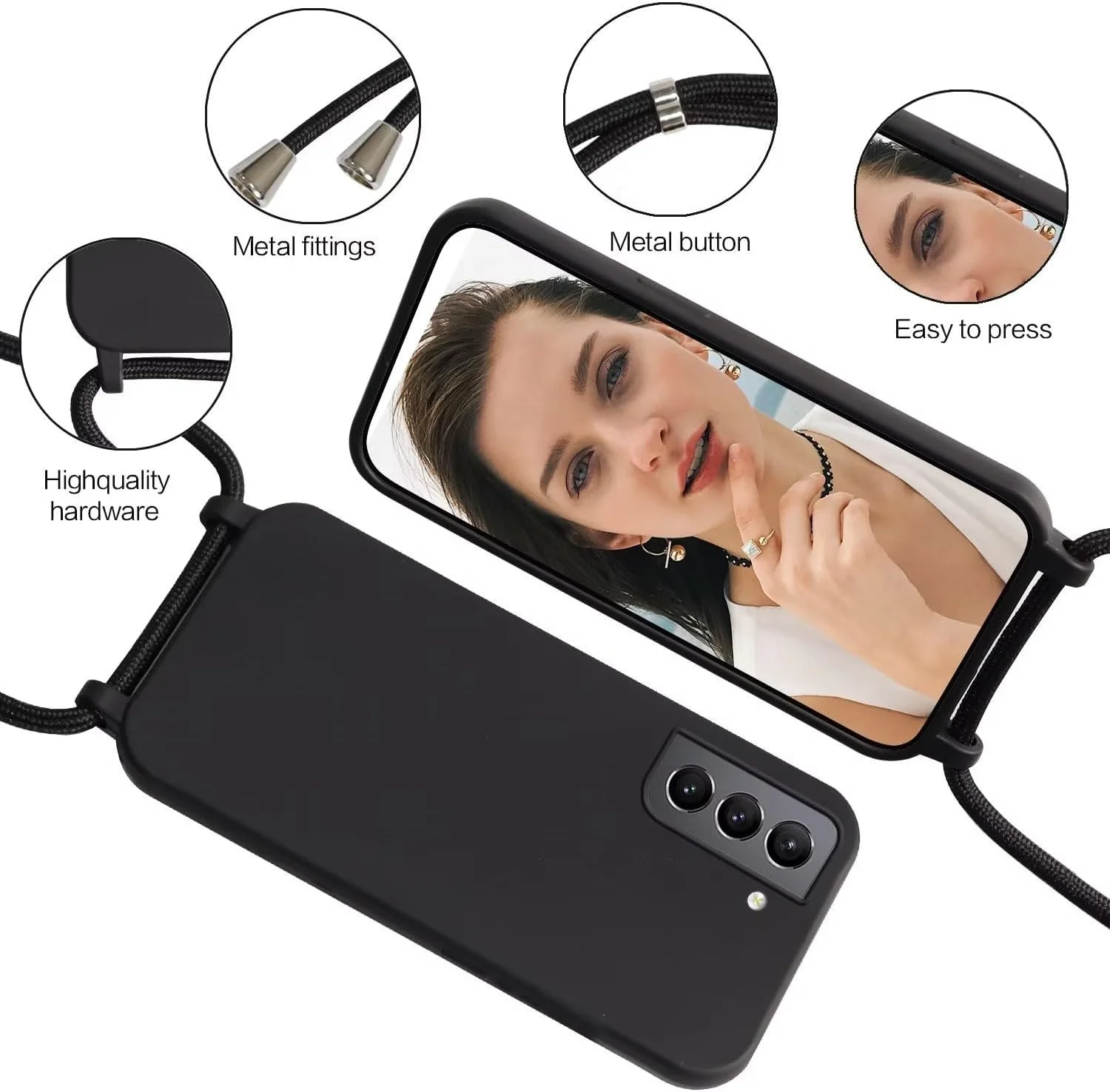 کاور بنددار برای گوشی سامسونگ گلکسی S22، قاب آویز موبایل با بند قابل تنظیم، بند گردنی سیلیکونی TPU، مشکی