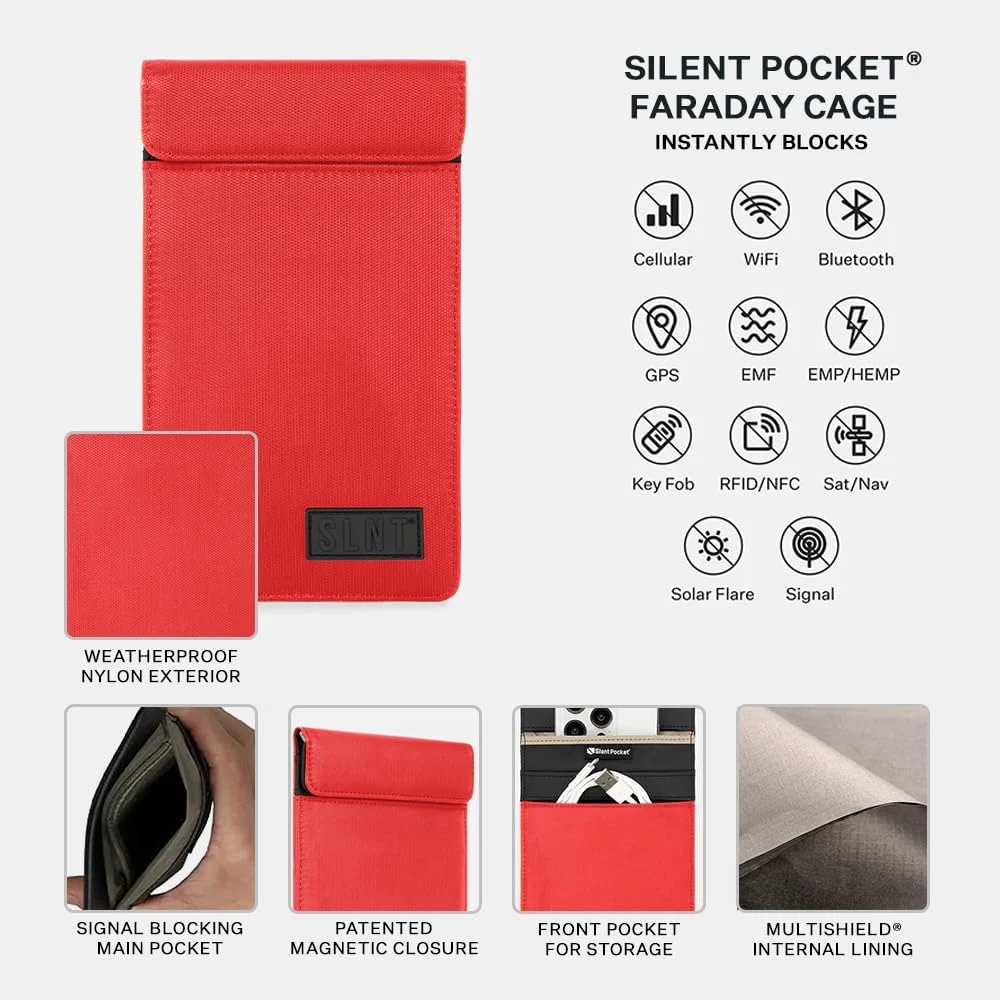 کیف فارادی پاکت سایلنت برای گوشی هوشمند - چرم یا نایلون ضد آب - محافظ مسدود کننده سیگنال برای آیفون، سامسونگ گلکسی، تلفن ها برای سفر، حریم خصوصی، ضد هک (نایلون قرمز، متوسط)
