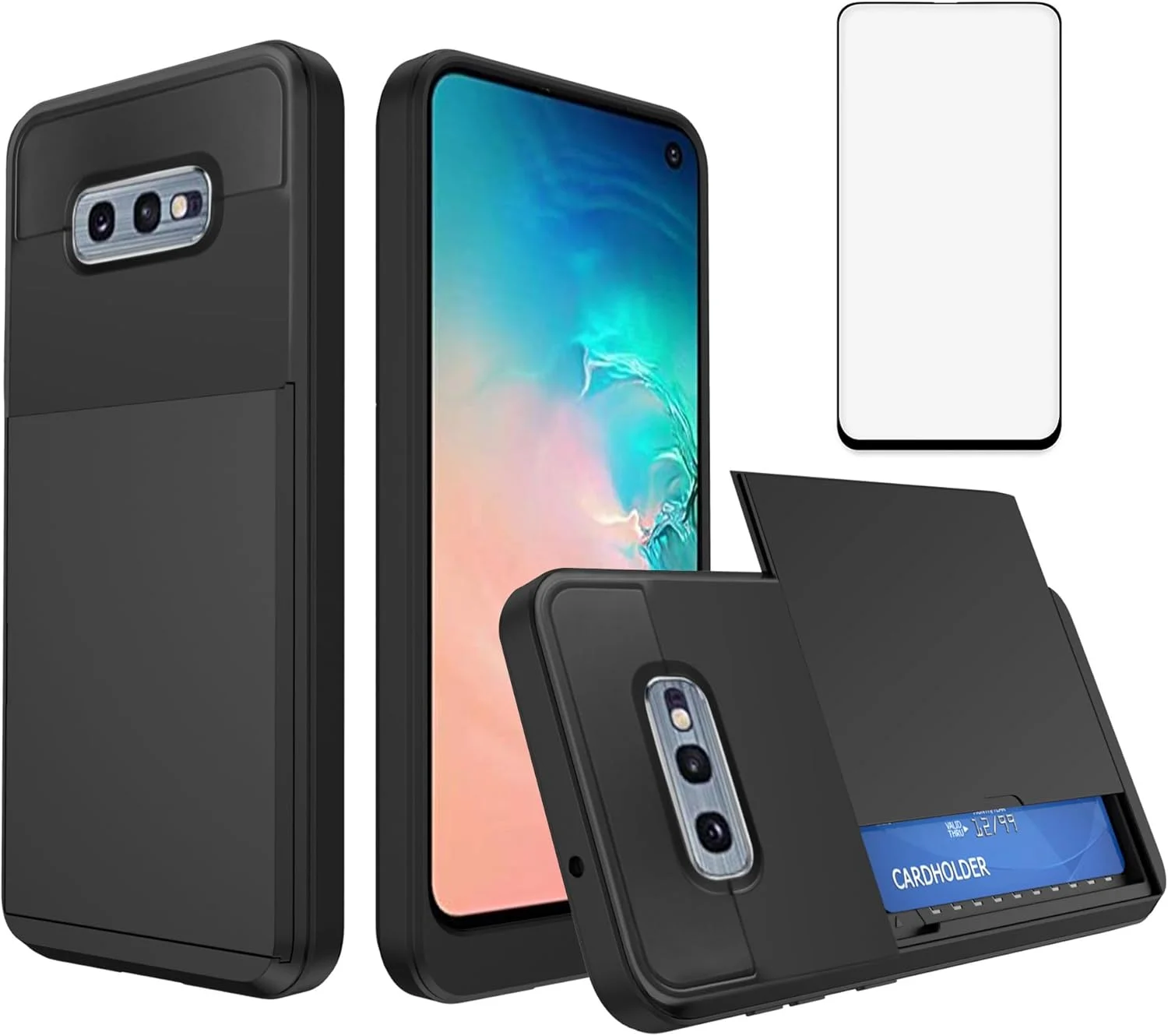 کاور گوشی آسویش برای سامسونگ گلکسی S10e با محافظ صفحه نمایش و جا کارتی، محافظت کامل از بدنه، ضد ضربه، لوازم جانبی گوشی، مناسب برای خانم ها و آقایان - مشکی