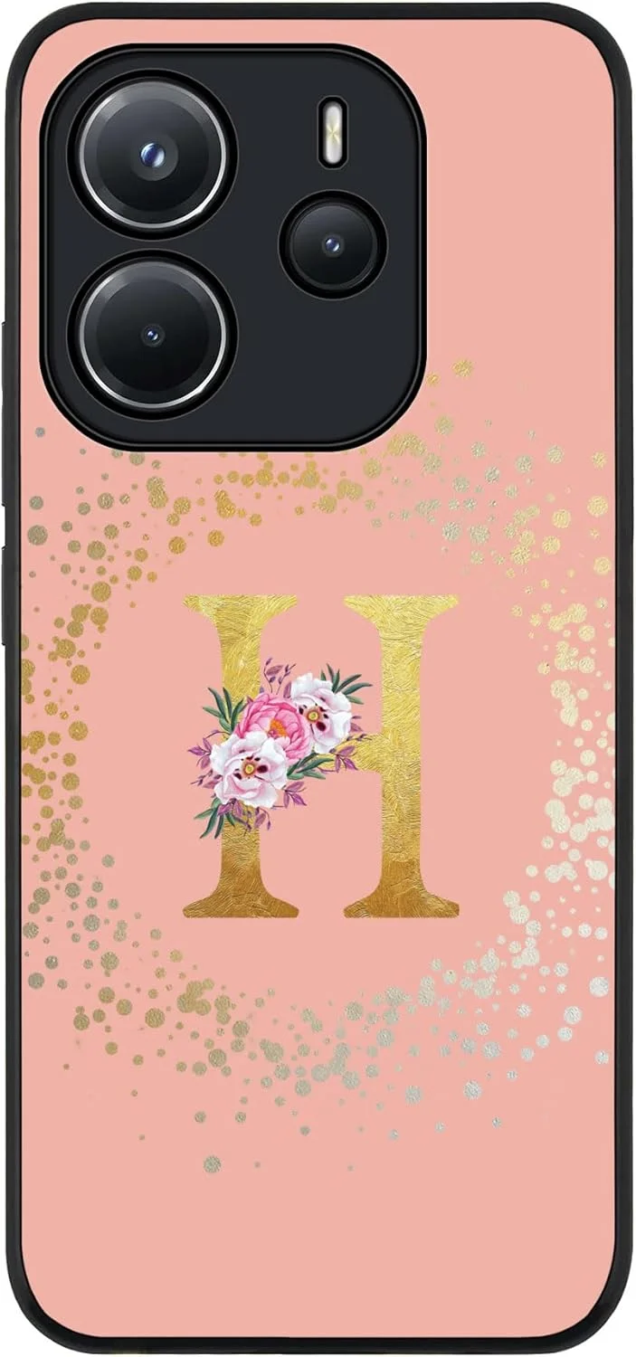 کاور محافظ شیک و مقاوم سازگار با گوشی شیائومی ردمی نوت 14 4G، محافظ دوربین، ضد ضربه و نازک - طرح گلدار مونوگرام سفارشی - H (صورتی رز)