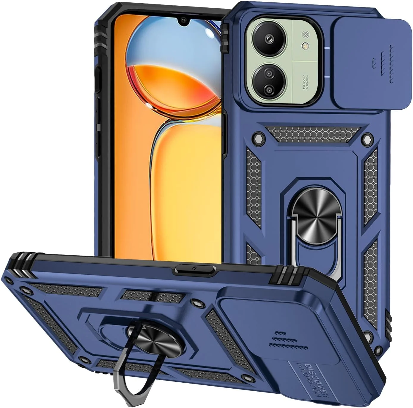 قاب محافظ گوشی شیائومی ردمی 13C با پوشش دوربین، پایه استند و حلقه، مقاوم در برابر ضربه، محافظ پشتی با قابلیت نصب مغناطیسی روی خودرو (آبی)