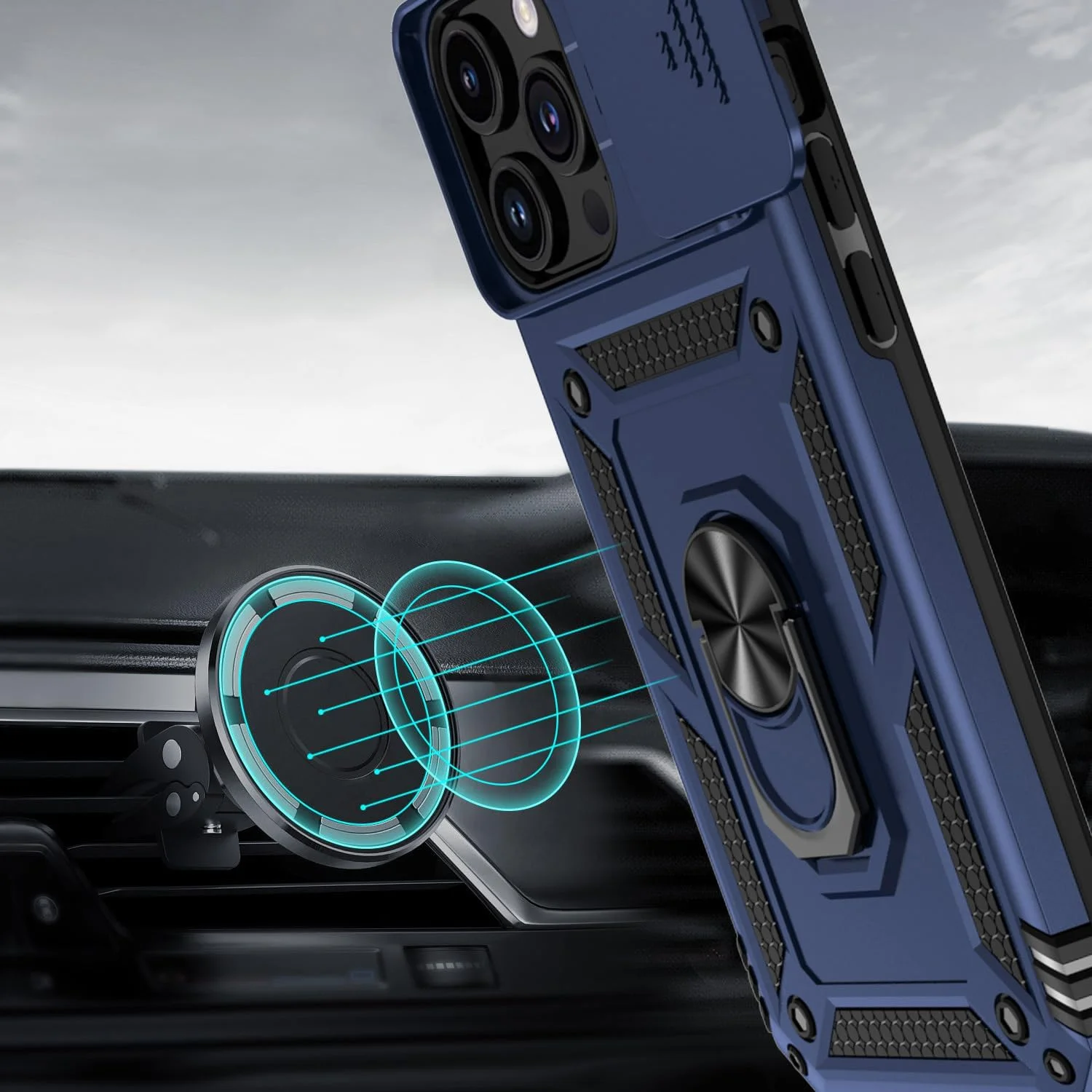 قاب محافظ گوشی شیائومی ردمی 13C با پوشش دوربین، پایه استند و حلقه، مقاوم در برابر ضربه، محافظ پشتی با قابلیت نصب مغناطیسی روی خودرو (آبی)