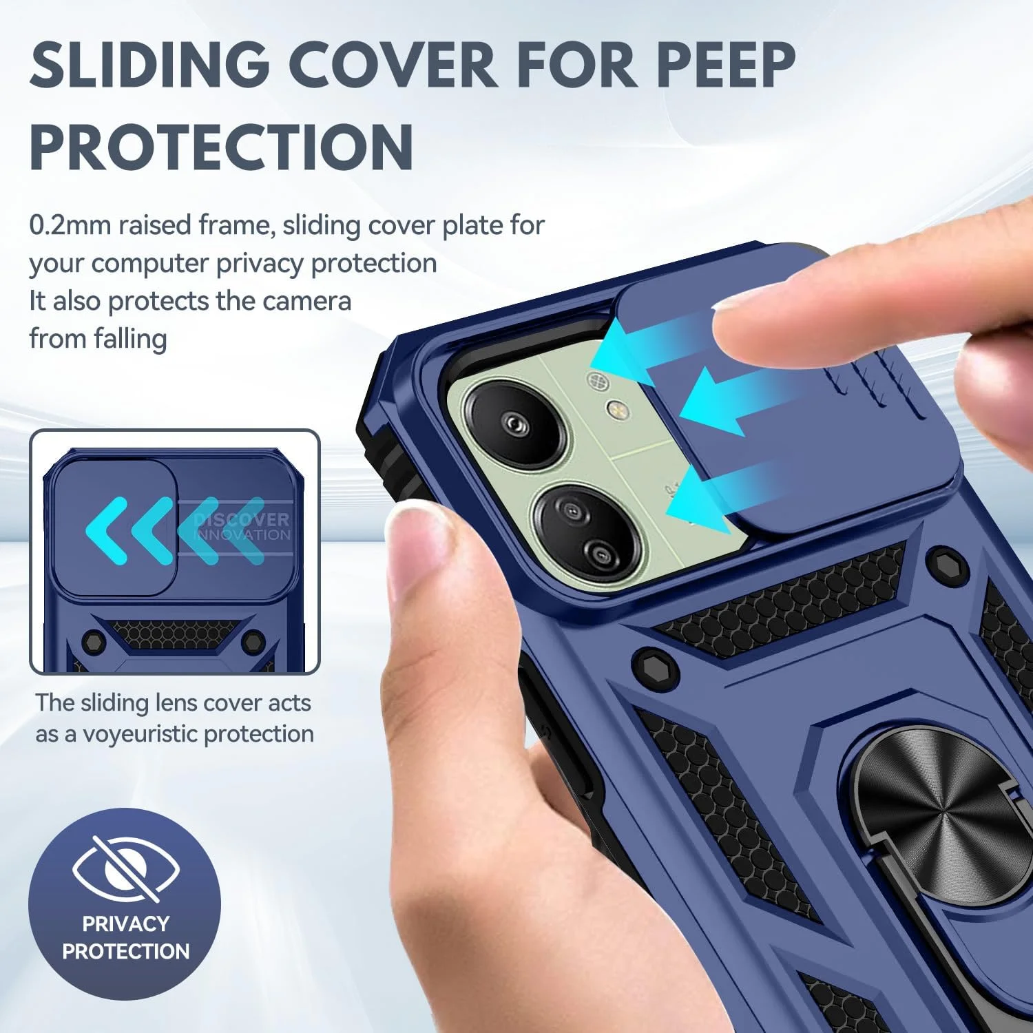 قاب محافظ گوشی شیائومی ردمی 13C با پوشش دوربین، پایه استند و حلقه، مقاوم در برابر ضربه، محافظ پشتی با قابلیت نصب مغناطیسی روی خودرو (آبی)