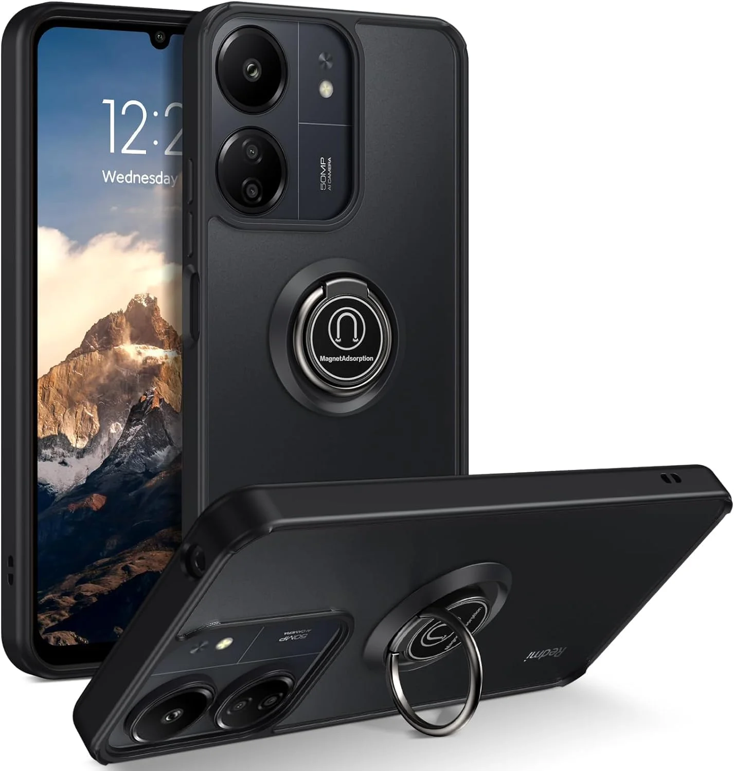 کاور محافظ گوشی شیائومی ردمی 13C / پوکو C65 با حلقه فلزی چرخان، استند و قابلیت اتصال مغناطیسی به هولدر خودرو، ضد ضربه با بامپر TPU (مشکی)