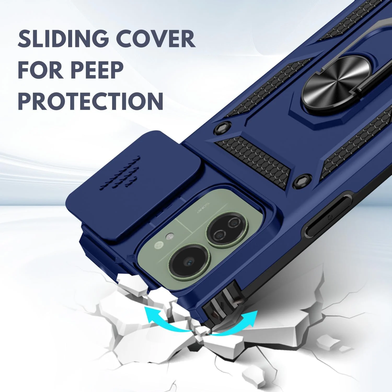 قاب محافظ گوشی شیائومی ردمی 13C با پوشش دوربین، پایه استند و حلقه، مقاوم در برابر ضربه، محافظ پشتی با قابلیت نصب مغناطیسی روی خودرو (آبی)