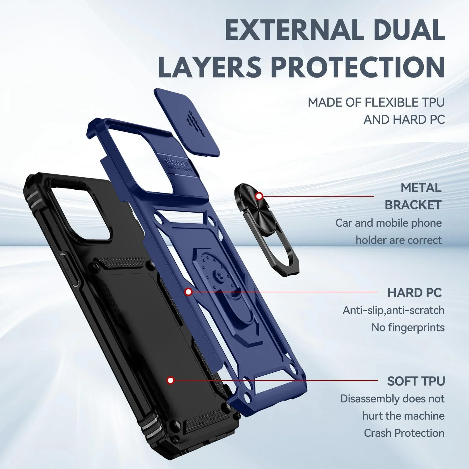 قاب محافظ گوشی شیائومی ردمی 13C با پوشش دوربین، پایه استند و حلقه، مقاوم در برابر ضربه، محافظ پشتی با قابلیت نصب مغناطیسی روی خودرو (آبی)