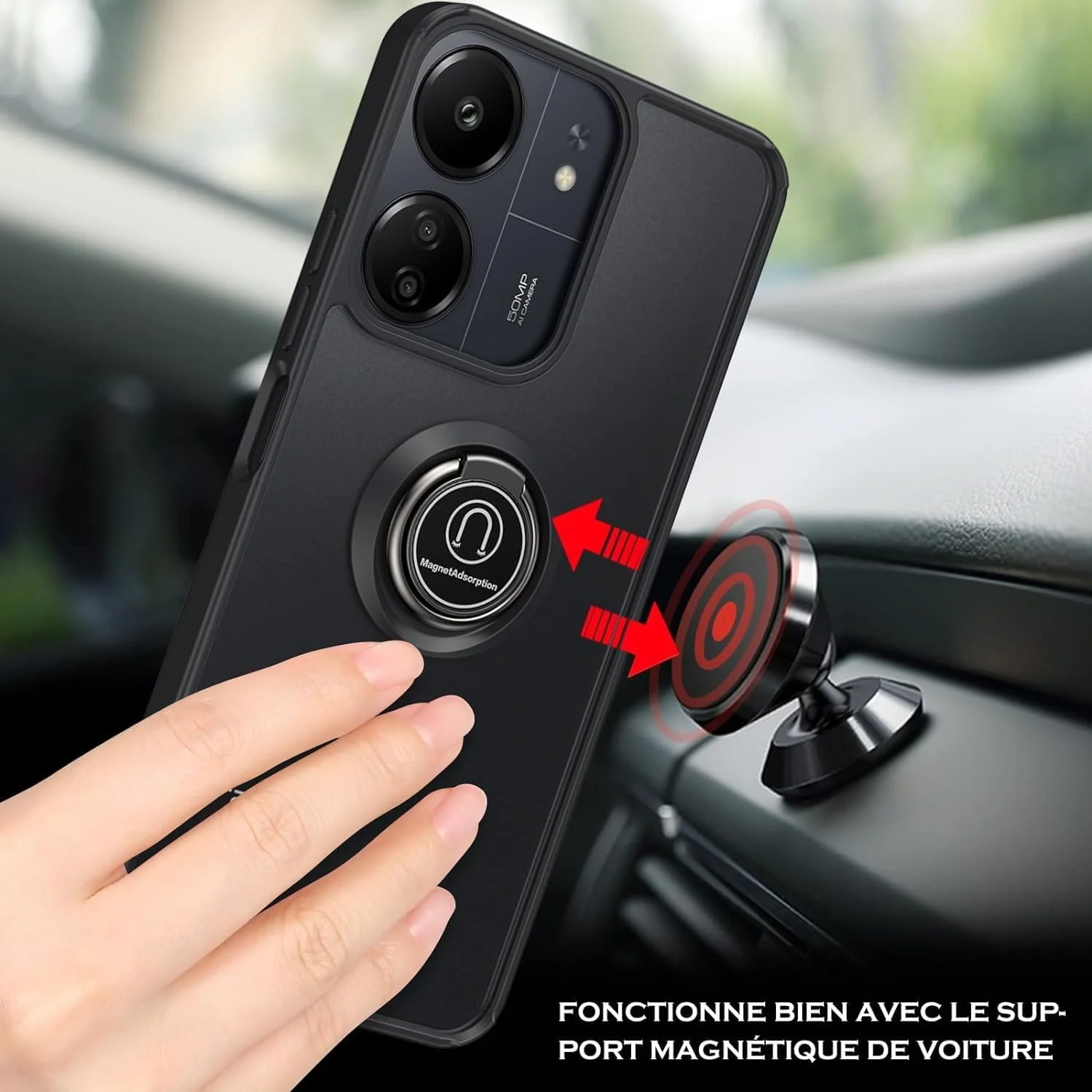 کاور محافظ گوشی شیائومی ردمی 13C / پوکو C65 با حلقه فلزی چرخان، استند و قابلیت اتصال مغناطیسی به هولدر خودرو، ضد ضربه با بامپر TPU (مشکی)