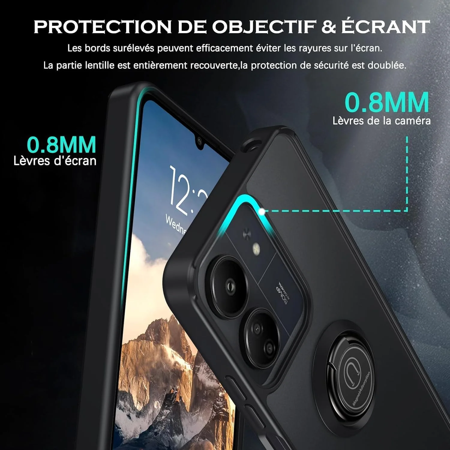 کاور محافظ گوشی شیائومی ردمی 13C / پوکو C65 با حلقه فلزی چرخان، استند و قابلیت اتصال مغناطیسی به هولدر خودرو، ضد ضربه با بامپر TPU (مشکی)