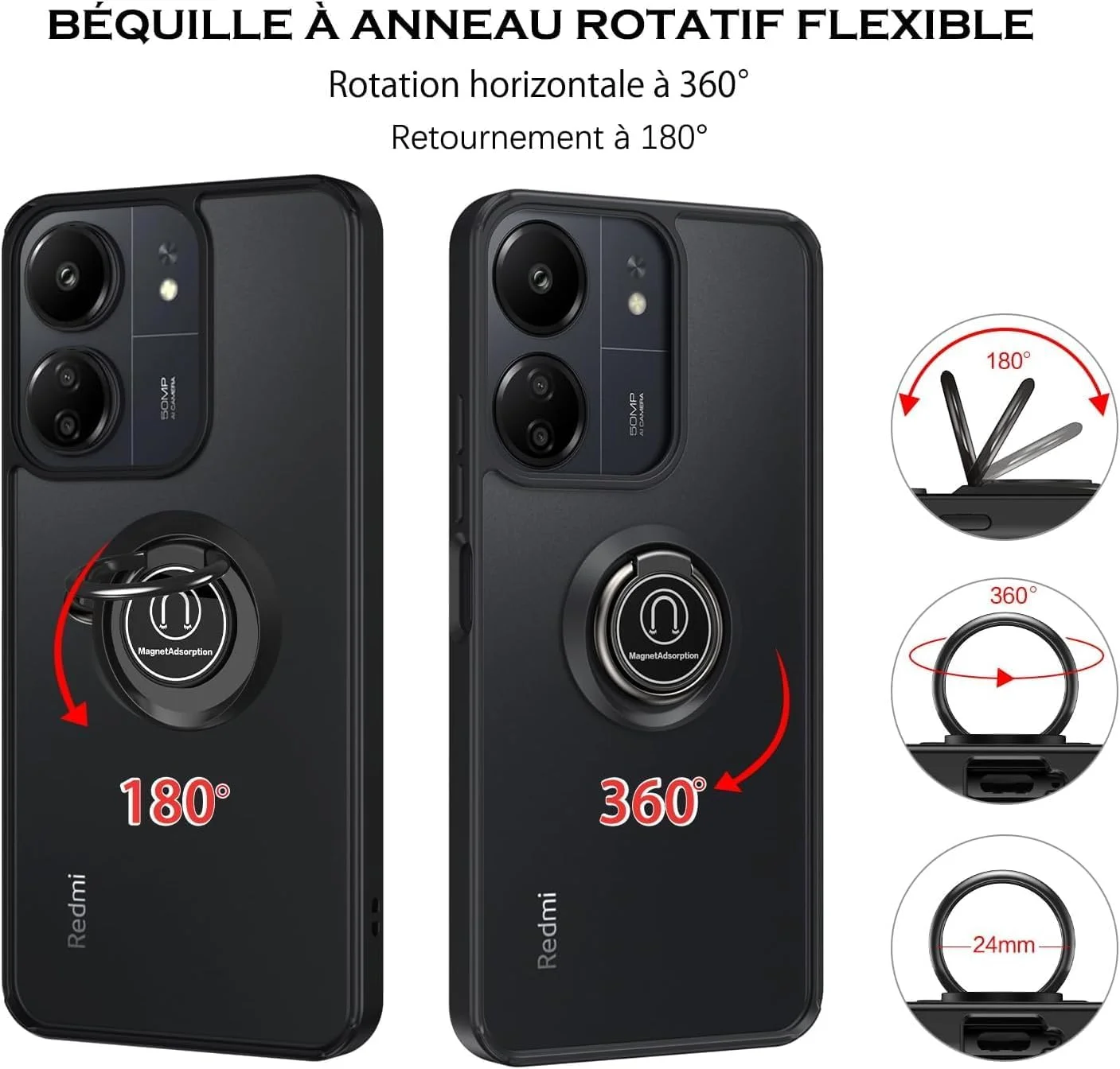 کاور محافظ گوشی شیائومی ردمی 13C / پوکو C65 با حلقه فلزی چرخان، استند و قابلیت اتصال مغناطیسی به هولدر خودرو، ضد ضربه با بامپر TPU (مشکی)