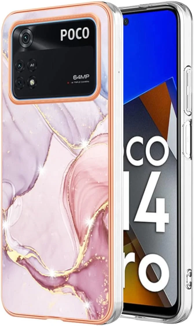 کاور هوآیه برای شیائومی پوکو M4 پرو 4G، [طرح زیبا و چشم نواز] طراحی درخشان، ضد ضربه، انعطاف پذیر، باریک، سیلیکونی نرم، کاور محافظ TPU، رزگلد