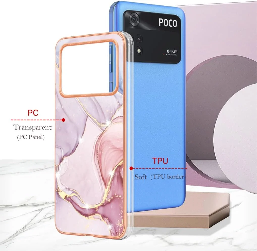 کاور هوآیه برای شیائومی پوکو M4 پرو 4G، [طرح زیبا و چشم نواز] طراحی درخشان، ضد ضربه، انعطاف پذیر، باریک، سیلیکونی نرم، کاور محافظ TPU، رزگلد