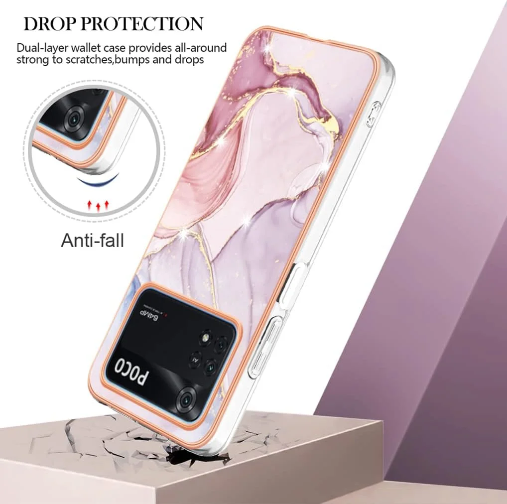 کاور هوآیه برای شیائومی پوکو M4 پرو 4G، [طرح زیبا و چشم نواز] طراحی درخشان، ضد ضربه، انعطاف پذیر، باریک، سیلیکونی نرم، کاور محافظ TPU، رزگلد