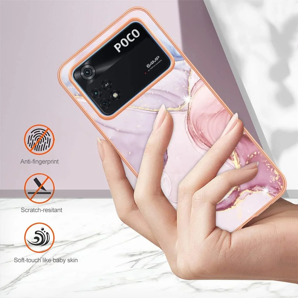 کاور هوآیه برای شیائومی پوکو M4 پرو 4G، [طرح زیبا و چشم نواز] طراحی درخشان، ضد ضربه، انعطاف پذیر، باریک، سیلیکونی نرم، کاور محافظ TPU، رزگلد