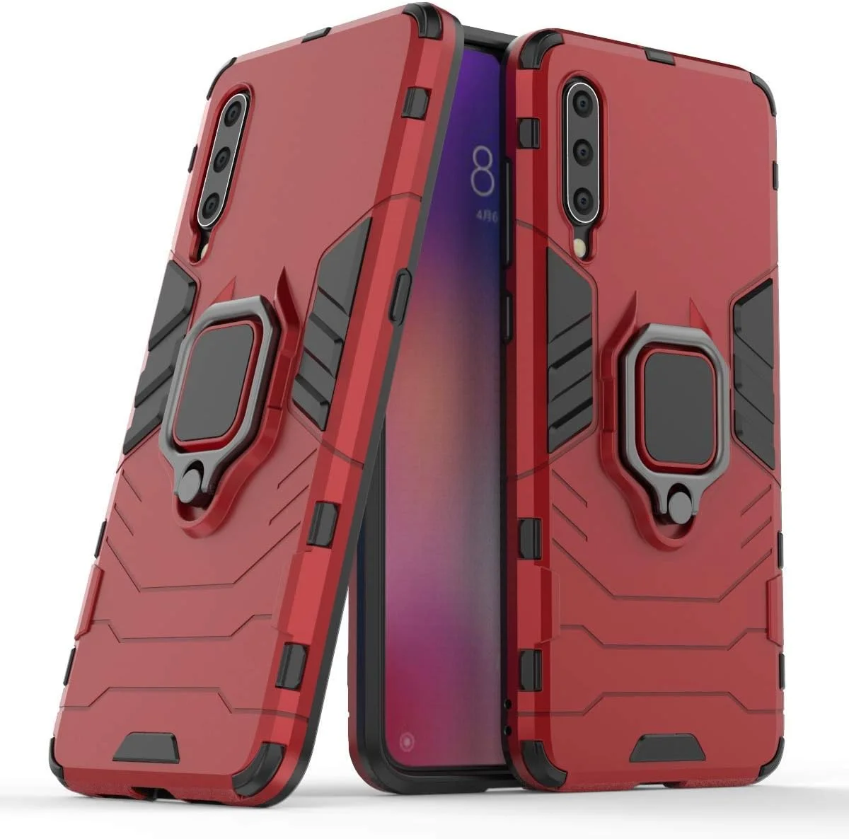 قاب محافظ گوشی شیائومی می 9، با حلقه فلزی، پایه استند، ضد ضربه، لایه دوگانه و مقاوم (قرمز)