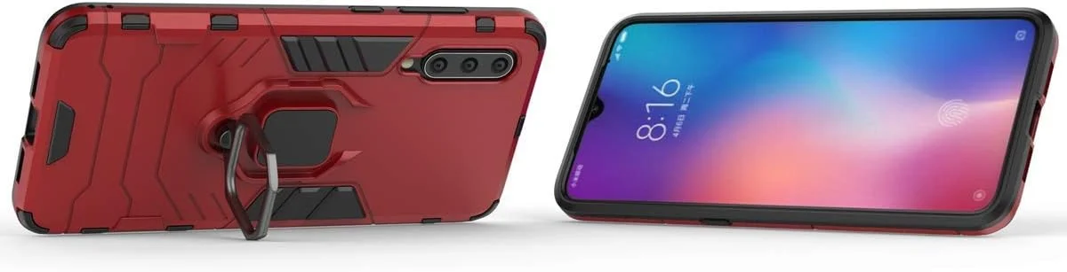 قاب محافظ گوشی شیائومی می 9، با حلقه فلزی، پایه استند، ضد ضربه، لایه دوگانه و مقاوم (قرمز)