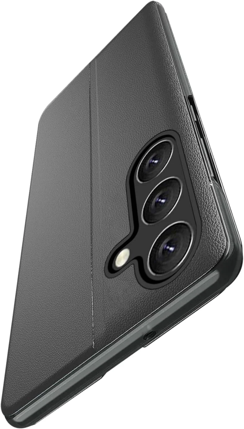 کاور محافظ گوشی سامسونگ S25 پلاس، باریک، دارای پنجره نمایش هوشمند، استند، شیک، چرمی، سخت، ضد ضربه، مشکی