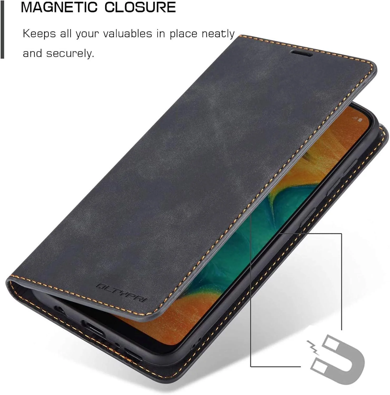 کیف محافظ گوشی سامسونگ گلکسی A40، کیف چرمی نازک با جای کارت، استند و محافظ تاشو، سازگار با سامسونگ گلکسی A40، مشکی