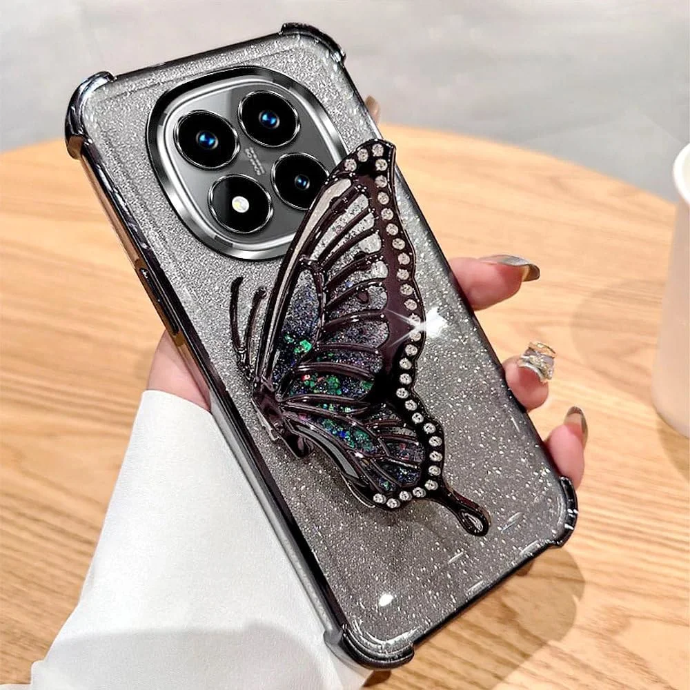 قاب گوشی مغناطیسی اکلیلی برای شیائومی ردمی نوت 14 پرو پلاس 5G، محافظ لنز دوربین، پایه پروانه ای درخشان، کاور گوشی ضد ضربه لوکس گرادیانی برای هدیه زنان و دختران، مشکی