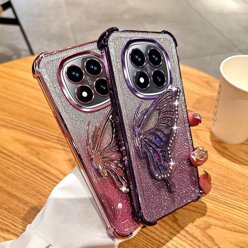 قاب گوشی مغناطیسی اکلیلی برای شیائومی ردمی نوت 14 پرو پلاس 5G، محافظ لنز دوربین، پایه پروانه ای درخشان، کاور گوشی ضد ضربه لوکس گرادیانی برای هدیه زنان و دختران، مشکی