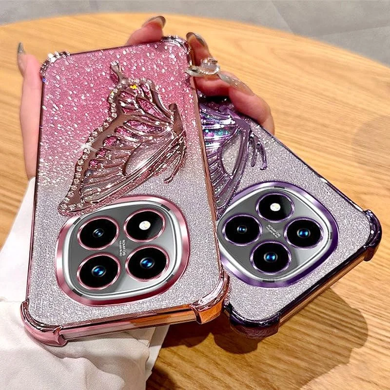 قاب گوشی مغناطیسی اکلیلی برای شیائومی ردمی نوت 14 پرو پلاس 5G، محافظ لنز دوربین، پایه پروانه ای درخشان، کاور گوشی ضد ضربه لوکس گرادیانی برای هدیه زنان و دختران، مشکی