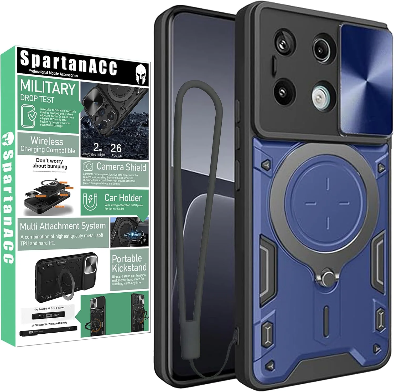 قاب گوشی شیائومی ردمی نوت 13 5G، محافظ صفحه نمایش نوت 13 5G [دو عدد]، محافظت در برابر سقوط، حلقه مغناطیسی فلزی پایه دار، کاور نوت 13 5G (آبی تیره، نوت 13 5G بدون شیشه)