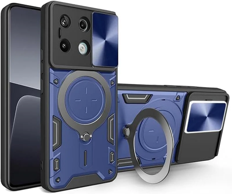 قاب گوشی شیائومی ردمی نوت 13 5G، محافظ صفحه نمایش نوت 13 5G [دو عدد]، محافظت در برابر سقوط، حلقه مغناطیسی فلزی پایه دار، کاور نوت 13 5G (آبی تیره، نوت 13 5G بدون شیشه)