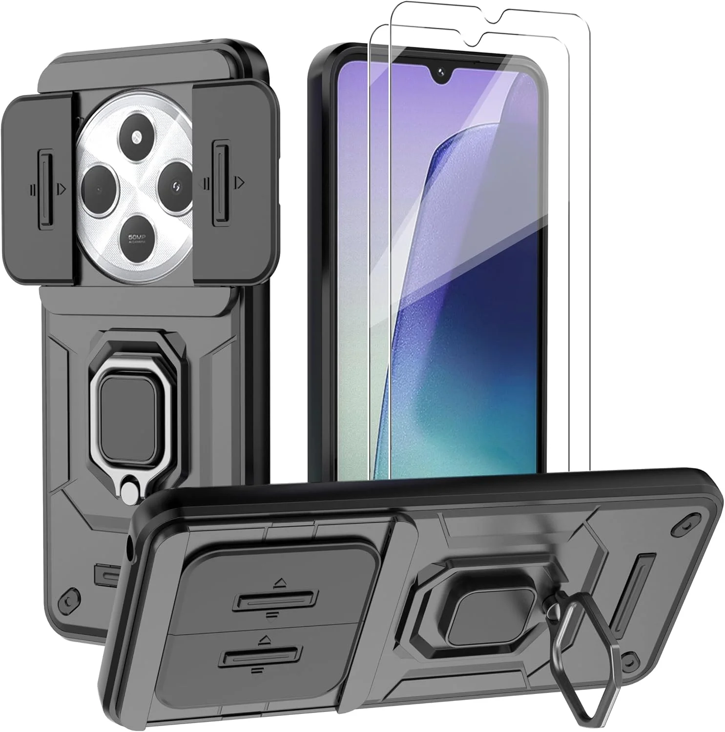 کاور محافظ گوشی شیائومی ردمی 14C / پوکو C75 4G به همراه محافظ صفحه نمایش [2 عدد]، دارای محافظ کشویی دوربین، کاور محافظتی سنگین نظامی - مشکی