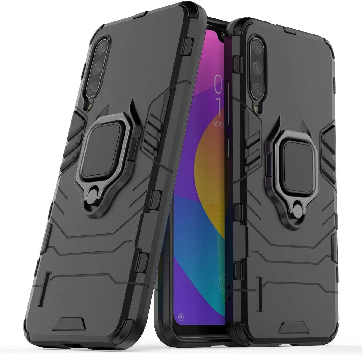 قاب محافظ گوشی شیائومی Mi A3 و Mi CC9E، با حلقه فلزی، استند، ضد ضربه، لایه دوگانه و مقاوم (مشکی)