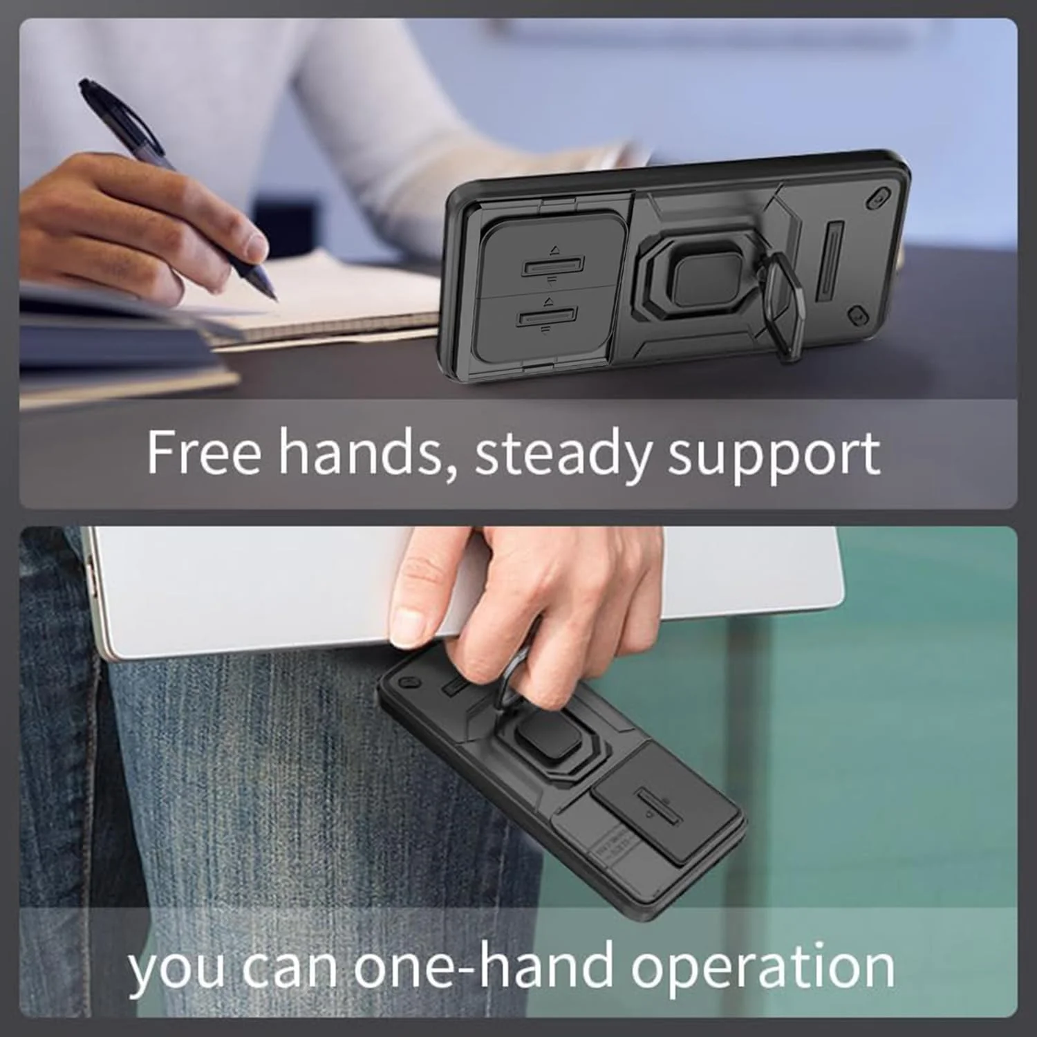 کاور محافظ گوشی شیائومی ردمی 14C / پوکو C75 4G به همراه محافظ صفحه نمایش [2 عدد]، دارای محافظ کشویی دوربین، کاور محافظتی سنگین نظامی - مشکی