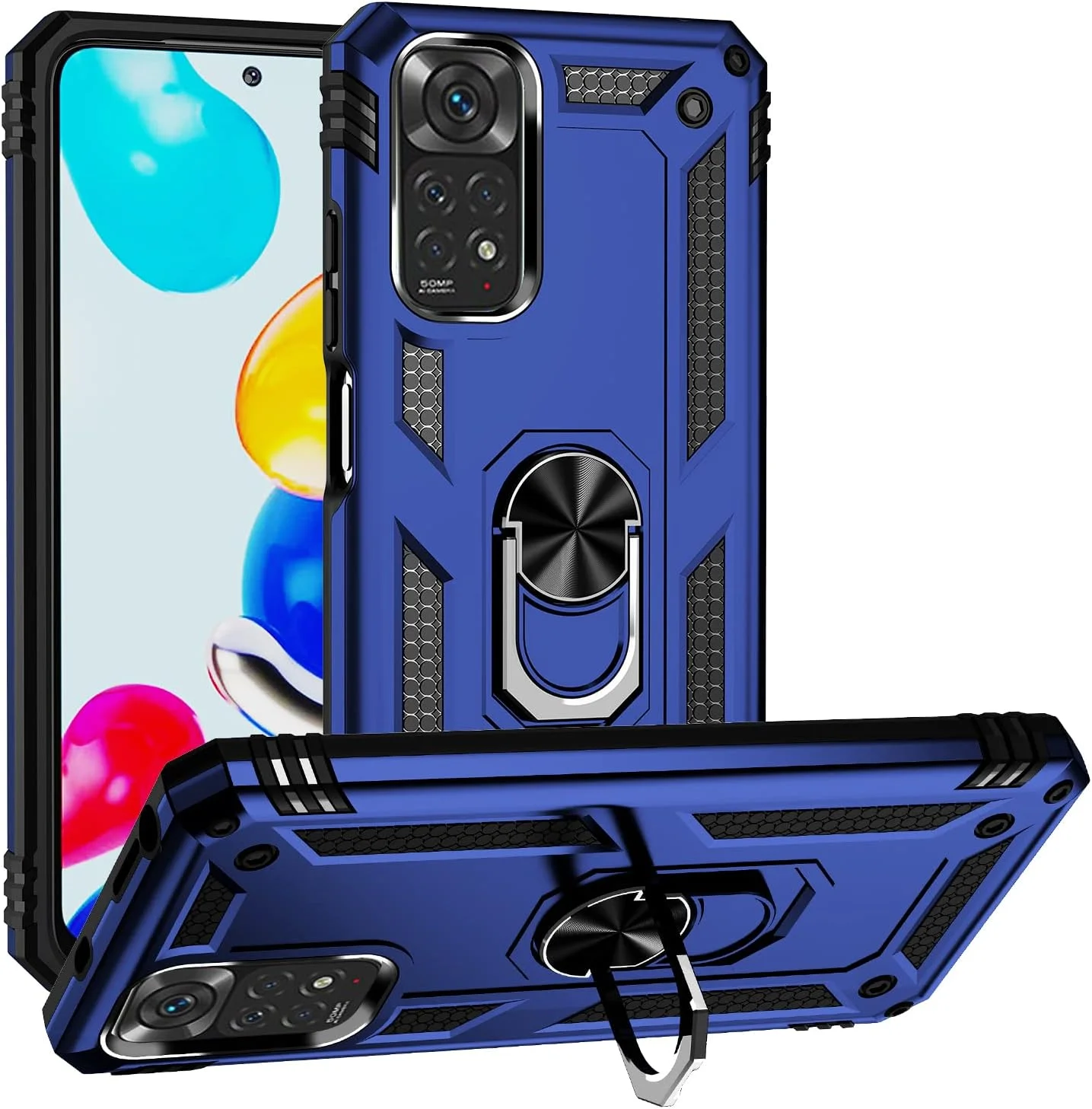 قاب محافظ گوشی شیائومی ردمی نوت 11 4G/نوت 11S، حلقه دار، سیلیکونی ضد ضربه، زره سخت و مقاوم، آبی