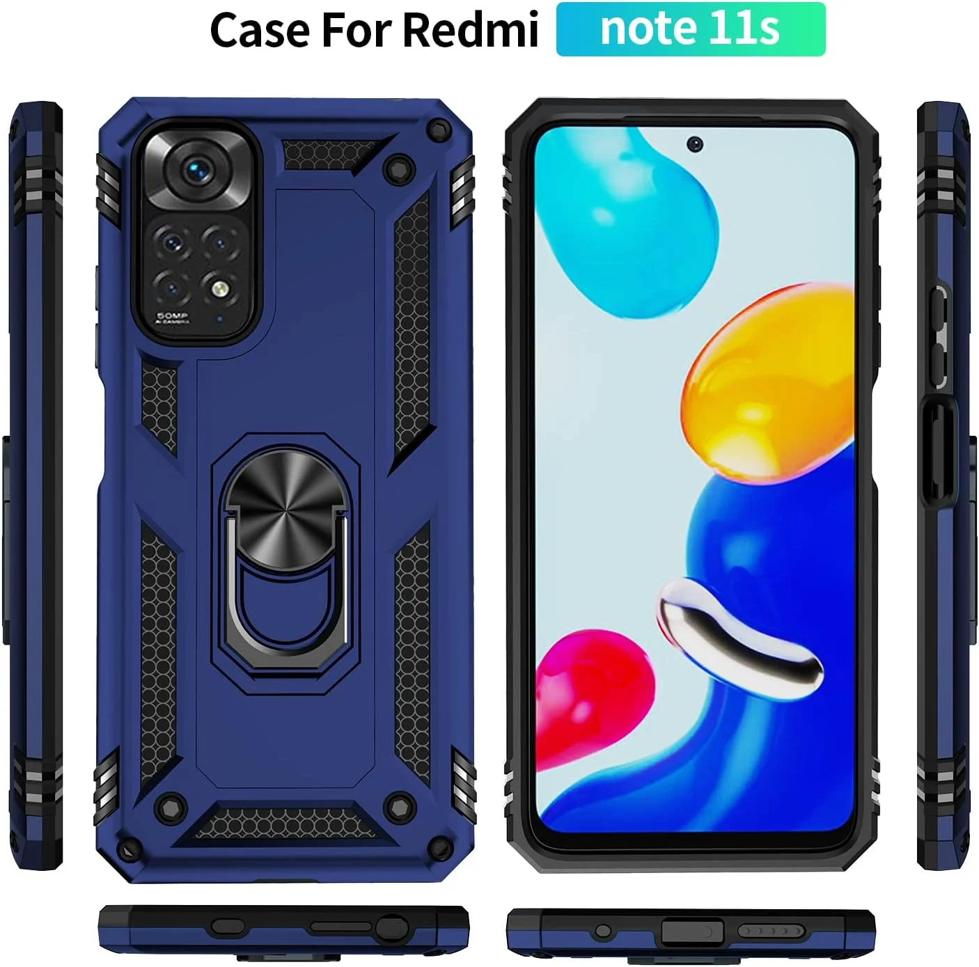 قاب محافظ گوشی شیائومی ردمی نوت 11 4G/نوت 11S، حلقه دار، سیلیکونی ضد ضربه، زره سخت و مقاوم، آبی