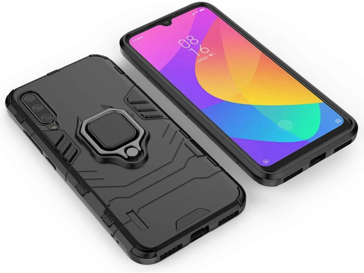 قاب محافظ گوشی شیائومی Mi A3 و Mi CC9E، با حلقه فلزی، استند، ضد ضربه، لایه دوگانه و مقاوم (مشکی)