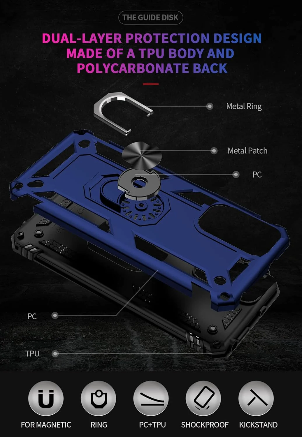 قاب محافظ گوشی شیائومی ردمی نوت 11 4G/نوت 11S، حلقه دار، سیلیکونی ضد ضربه، زره سخت و مقاوم، آبی