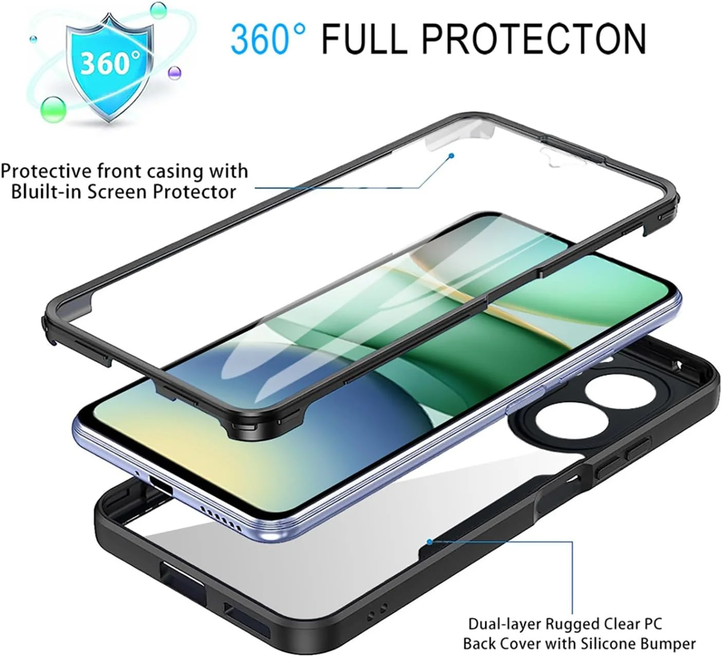 کاور شفاف ایلینگ برای شیائومی ردمی A5 4G، محافظت کامل 360 درجه، بسیار نازک و ضد ضربه با محافظ صفحه نمایش داخلی، PC سخت + کاور بامپر TPU سیلیکونی (صورتی)