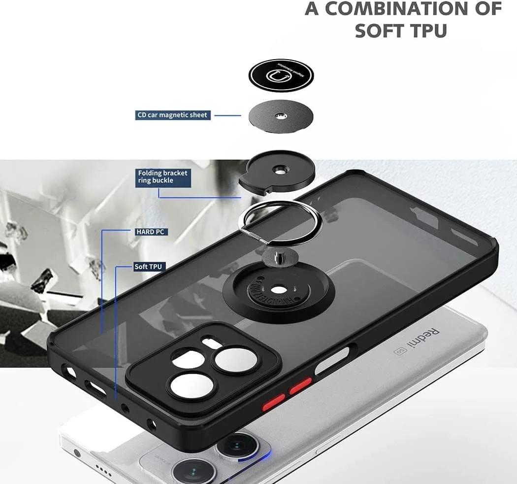 کاور محافظ دوربین، باریک، نیمه شفاف، ضد ضربه با پوشش مات و حلقه مغناطیسی چرخان 360 درجه مناسب برای شیائومی ردمی نوت 12 پرو (مشکی)