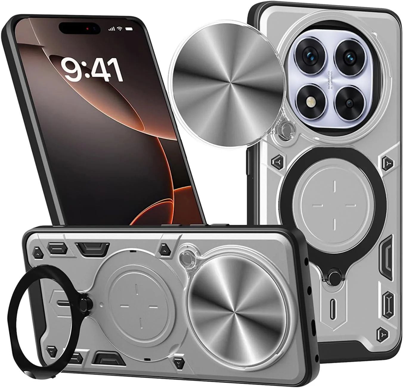 کاور محافظ گوشی شیائومی ردمی نوت 14 پرو 4G، بافت فلزی پیشرفته PC سخت + بامپر سیلیکونی TPU مات نرم، ضد ضربه، به همراه حلقه استند و پوشش کشویی دوربین (نقره ای)