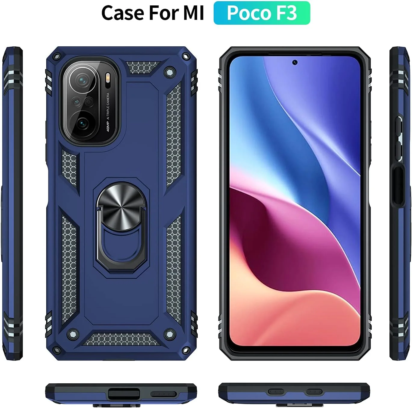 قاب محافظ سیلیکونی ضد ضربه با حلقه نگهدارنده مدل Tough Armor مناسب برای گوشی شیائومی پوکو F3/Mi 11X/11X Pro/RedMi K40/K40 Pro، آبی