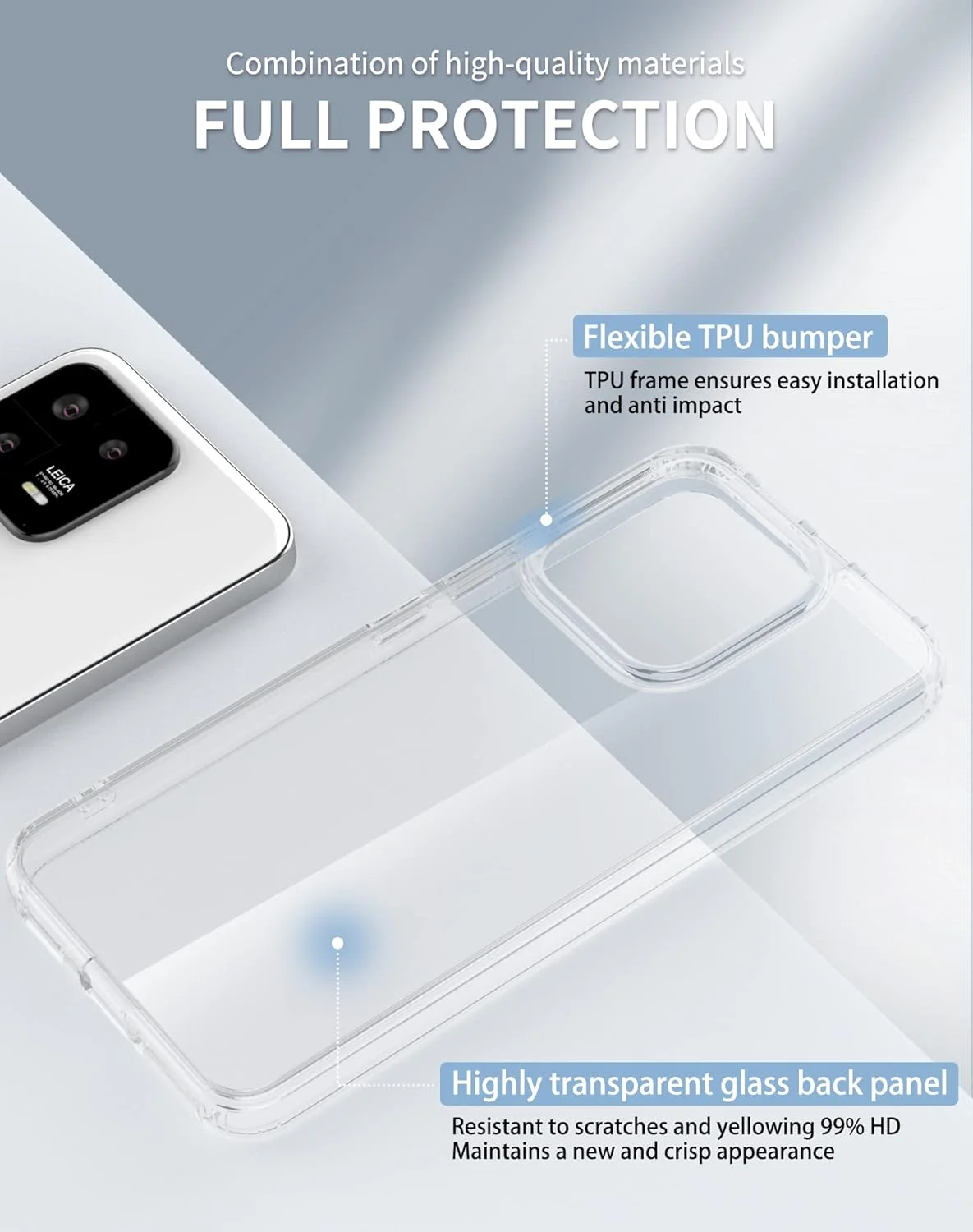 قاب شفاف Eastcoo برای گوشی شیائومی 13 5G، [پشت PC سخت + بامپر TPU نرم] [ضد زردی] [پشتیبانی از شارژ بی‌سیم] باریک و مقاوم در برابر ضربه، کاور محافظ شفاف برای شیائومی 13، شفاف